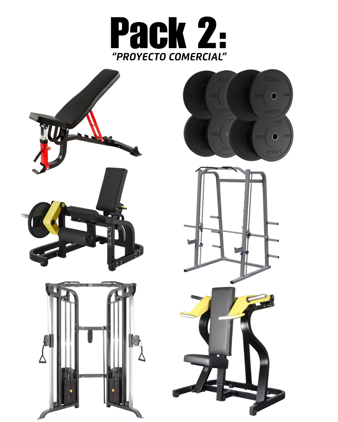 PACK 2: JAULA SMITH, POLEA CRUZADA CORTA, EXTENSION CUADRICEPS ISOLATERAL, PRESS DE HOMBROS, BANCO REGULABLE MOD3, PACK 100KG DISCOS OLIMPICOS BUMPER ECO